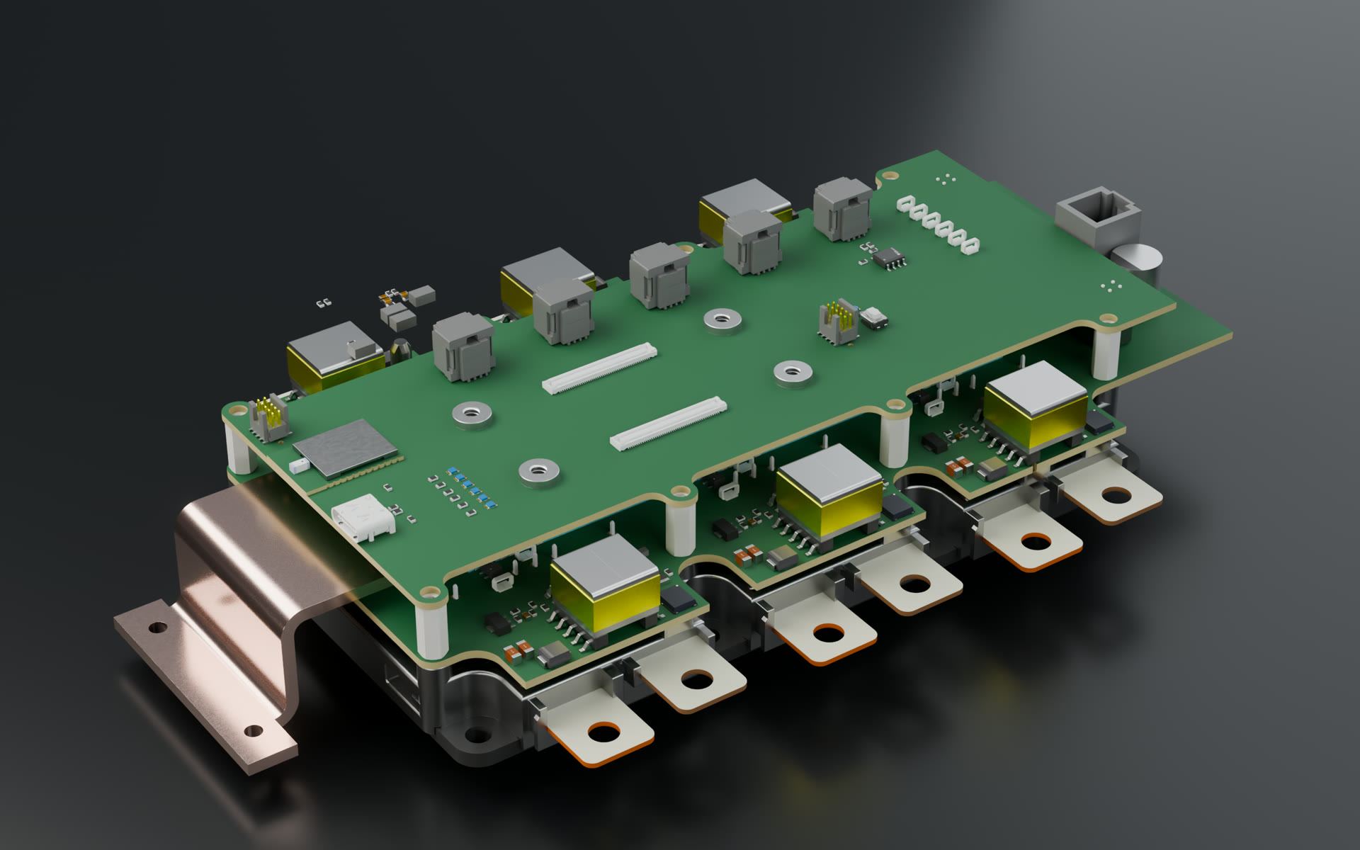 Power module with two stacked boards, copper busbar and gold magnetics, rendered from STEP