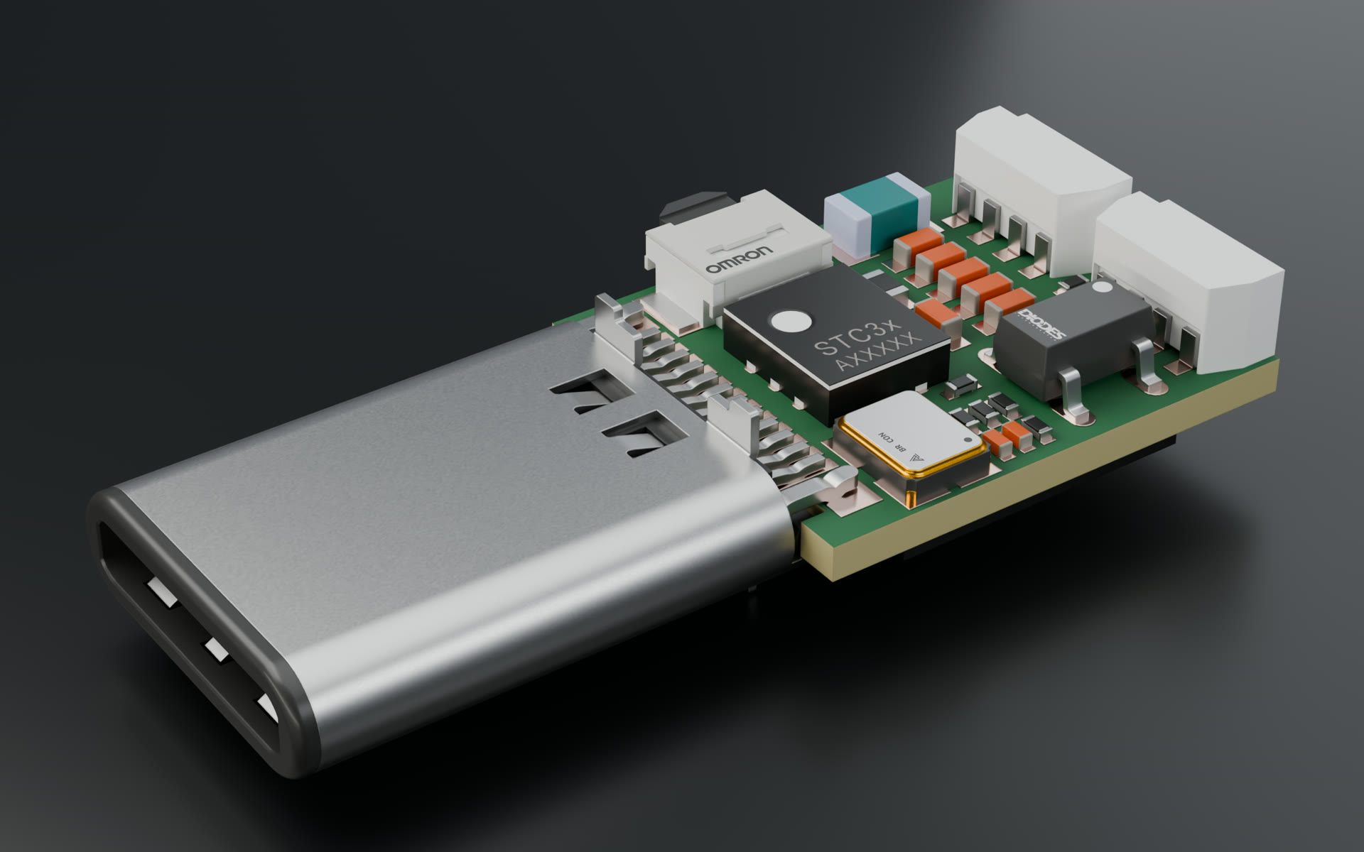 USB-C sensor board rendered from its STEP assembly, fibreglass board edge showing