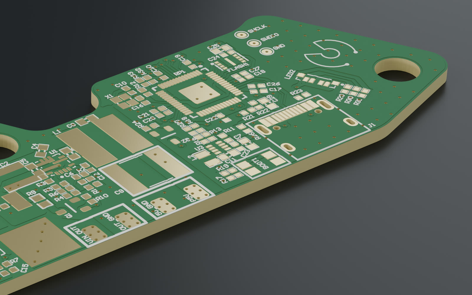 Closeup render of a power board: white silkscreen designators and SWCLK,
              SWDIO and GND labels standing proud of green soldermask with rounded
              shoulders, beside copper traces under mask, gold plated pads, drilled
              vias and the board's fibreglass edge